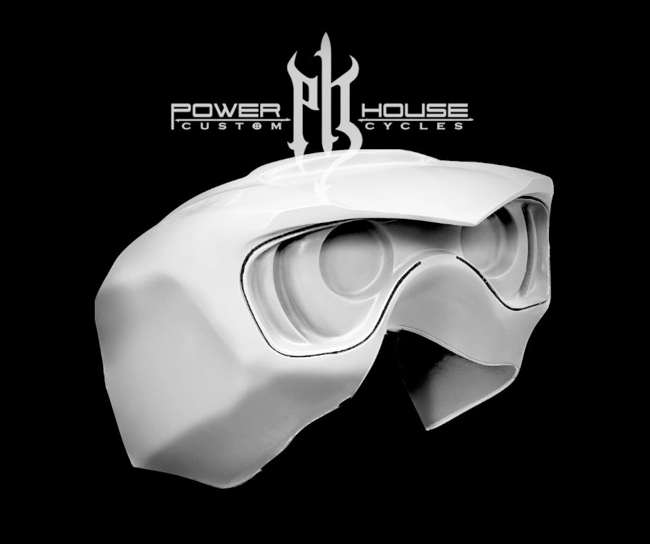 White motorcycle fairing with Power House Custom Cycles logo on a black background